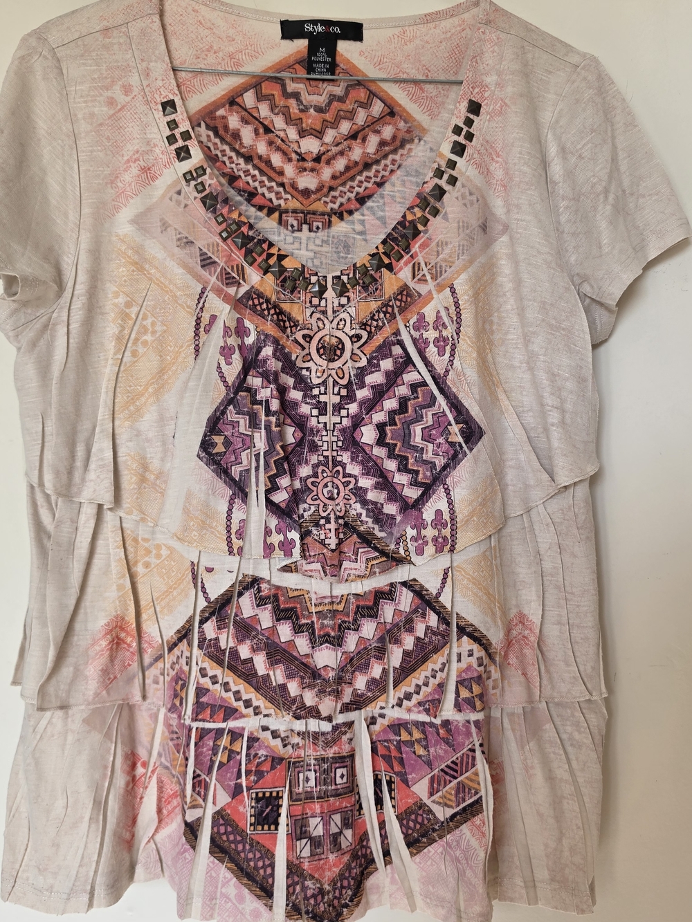 Style & Co. Layered Short Sleeve Tunic with Pink and Purple Geometric Print